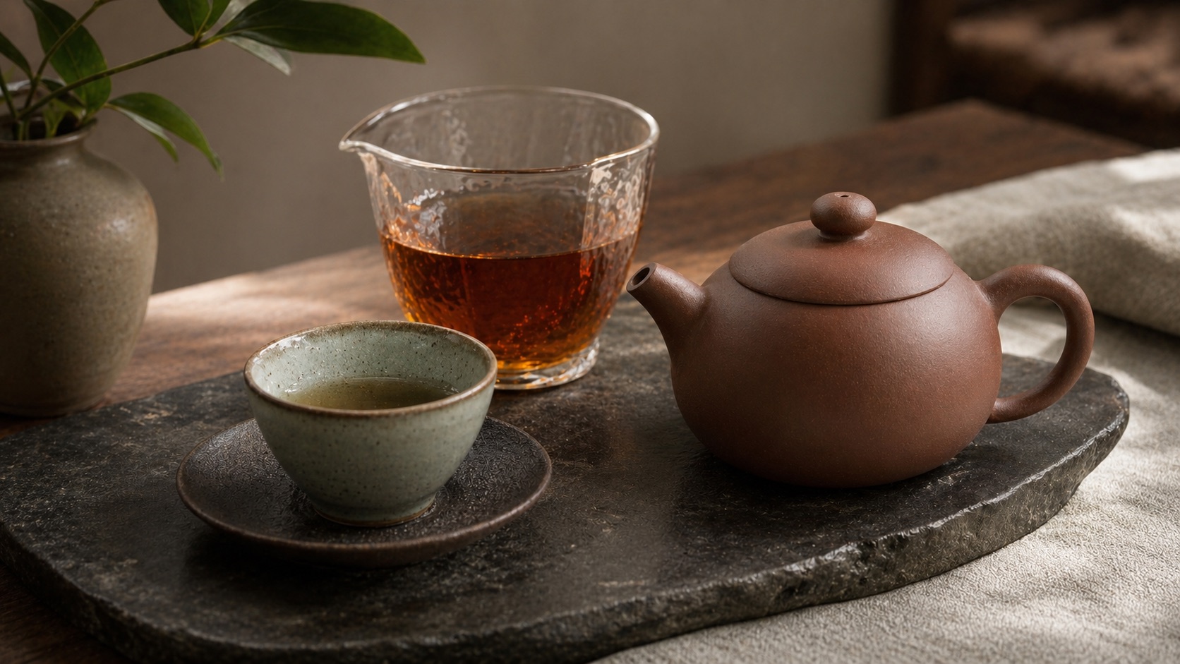 紫砂茶壺、玻璃公道杯、陶杯、石盤、木桌與茶湯呈現茶席材質配色