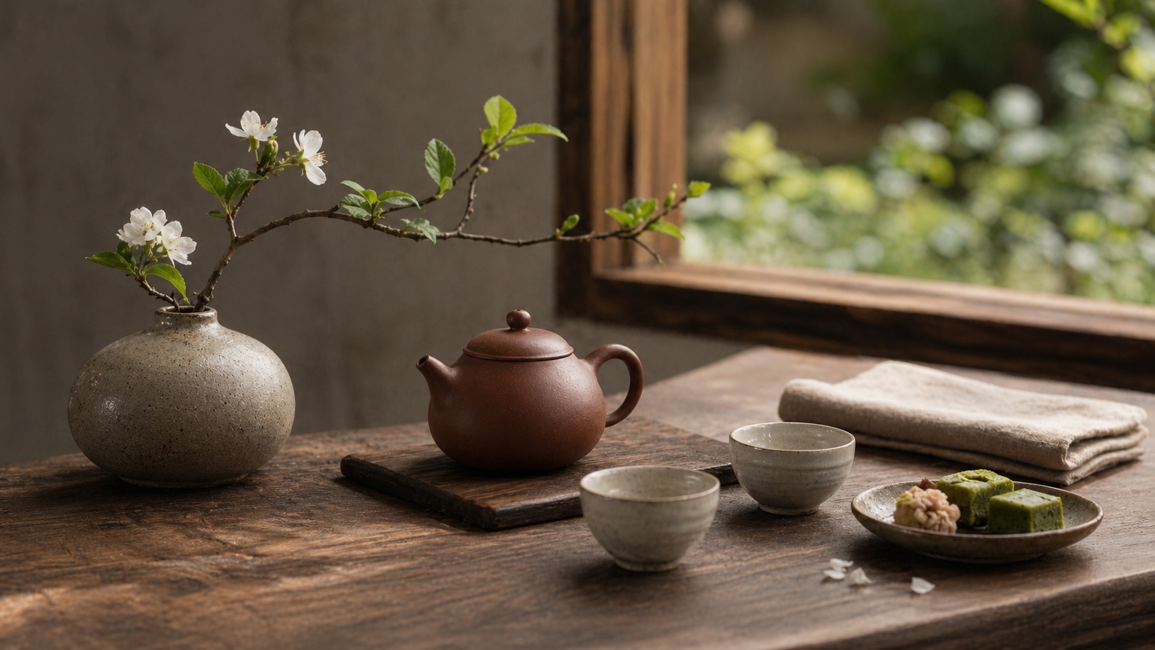 窗邊茶席以低花器、季節枝花、茶壺、茶杯與茶點營造自然季節感