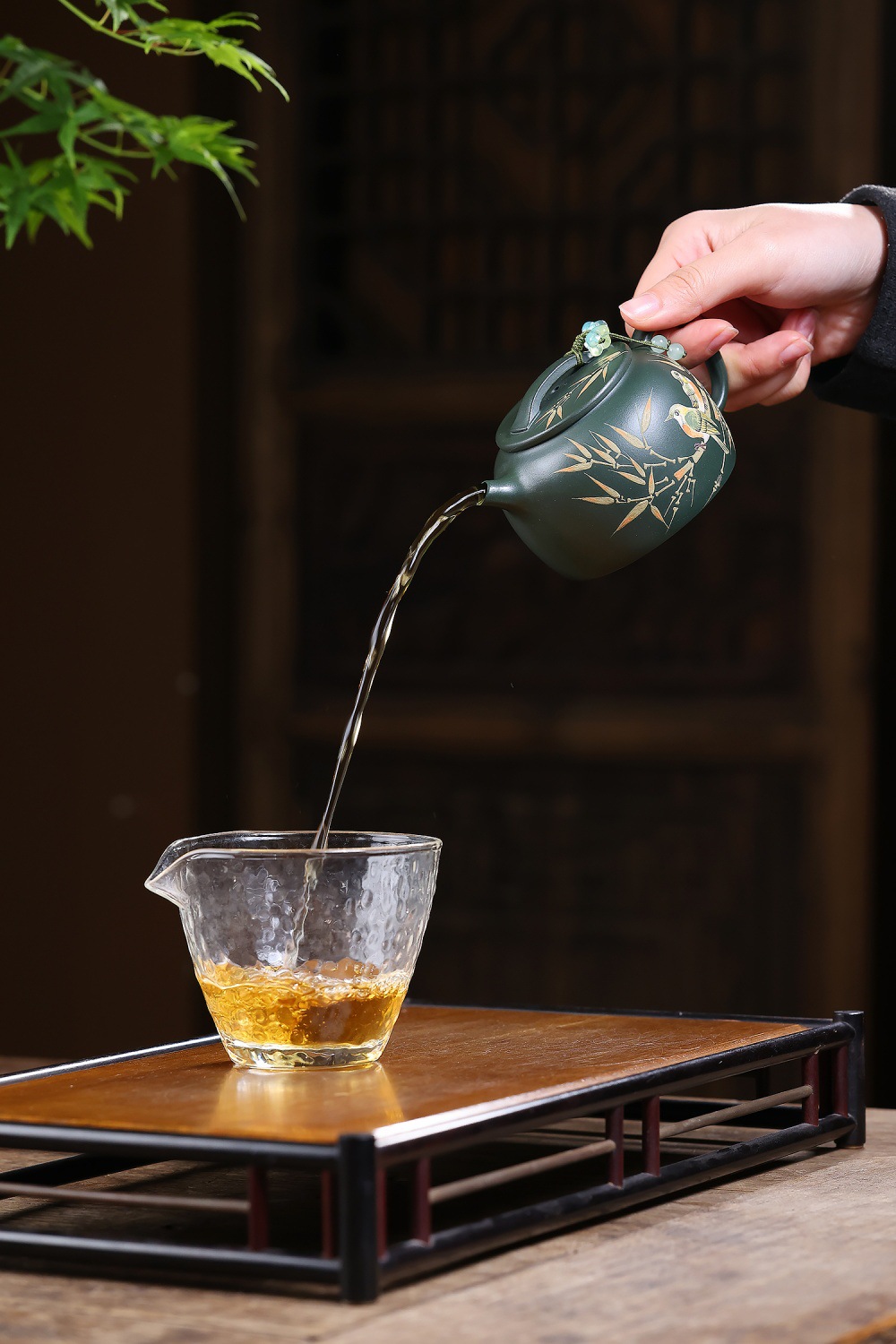 宜興紫砂壺原礦綠泥竹影棲雀漢瓦壺(200ml) - 南山居