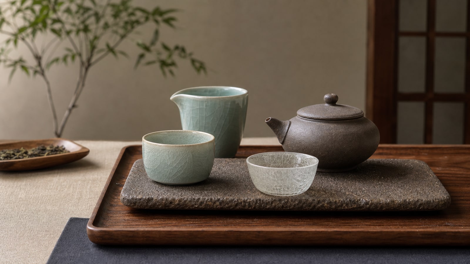 南山居汝窯、冰花釉與粗陶茶具搭配,呈現茶盤上的釉色、粗陶與木質層次。