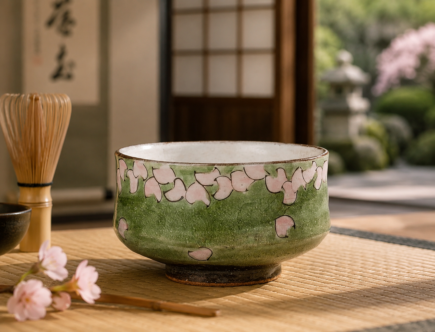 A940-6/京焼/貴古 造/一二三節紋碗5客/茶器/茶碗/茶道具/抹茶碗/ 花櫻抹茶碗/ 日本九谷燒- 南山居
