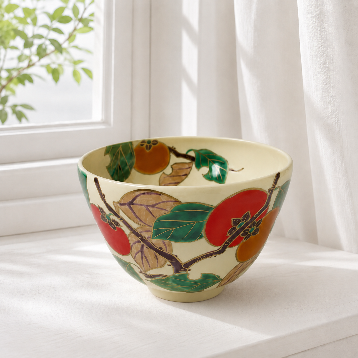 A1130-4/永福窯/小山岑一 造/柿釉蓋向付6客/共箱/蓋碗/蓋物/茶碗/ 有蓋碗250ml